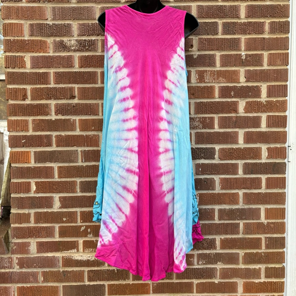 Embroidered Tie-Dye Umbrella Blue Pink Dress OS Light Breezy Beach Cover-Up - Picture 4 of 8